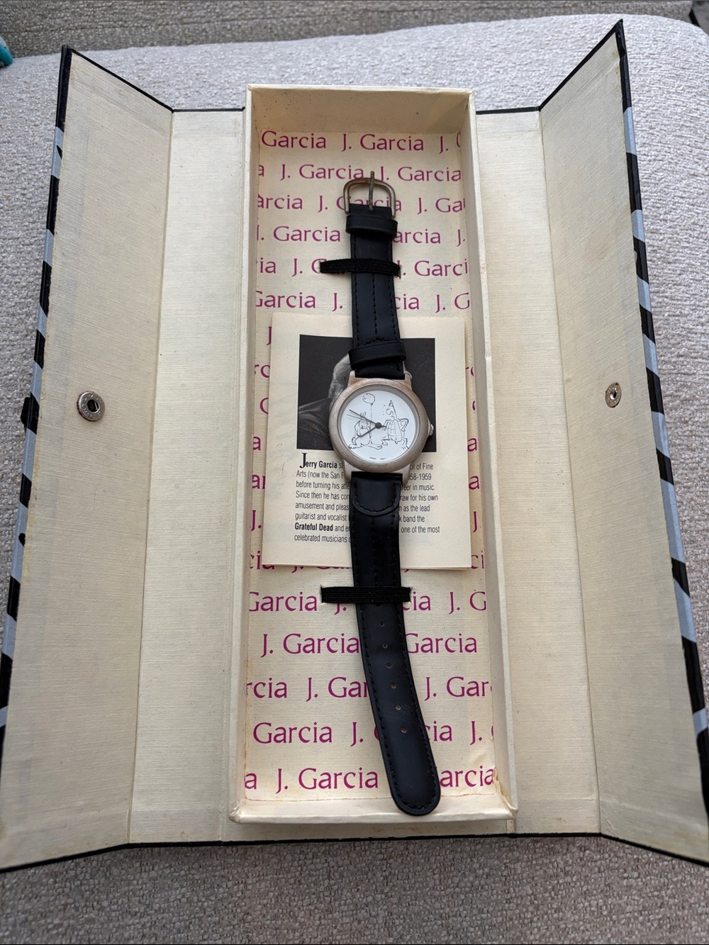 J. Garcia Black Leather Strap Watch with White Dial